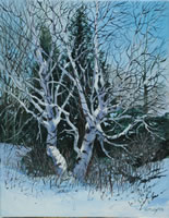 a painting of birch trees in winter