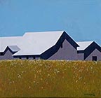 Painting of a grey barn set in a golden field with a white roof and dark shadows under the eaves