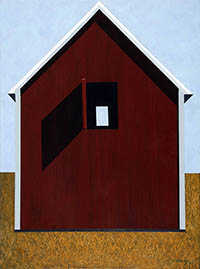 painting of a red barn  with an open window