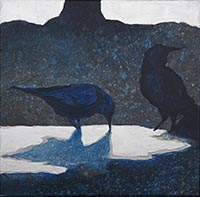 a painting of two black birds, crows, standing in a puddle against a dark background