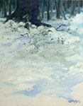 painting of snow covered ground with the edge of the woods and tree trunks in the background