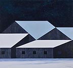 painting of a grey barn at night with stars in a black sky and a snow covered field in the foreground