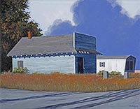 painting of a very old gas station on the corner of a road sitting in high grass with what is perhaps a trailor sitting on the other side of it. Storm clouds are gathering in the sky. 