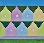 painting of two rows of 4 houses painted in pastel colors