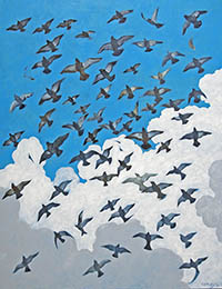 painting of a flock of birds against a blue skies with fluffy white clouds"