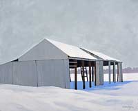 a painting of a grey sided old pole barn missing smuch of the siding set against a background of snow and slate grey skies