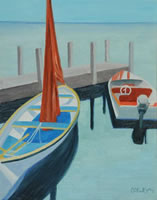 a painting of a dock with two boats