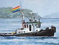 painting of a shite boat flying a rainbow flag