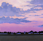 painting of a farm on the horizen against the pink and blue sky of sunset