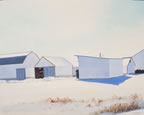 painting of white farm buildings in the snow