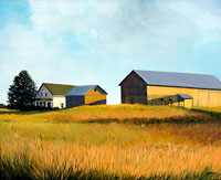 painting of a farmhouse and barn lit by a golden light on a hillside of yellow grass with a white cloud filled blue sky