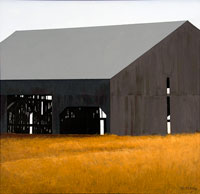 painting of a weathered grey barn with a grey roof in a golden field of grass against a white sky. Through the doorway, you can see that there are boards missing on the far wall.