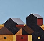 painting of a lot of farm buildings in shades of orange, yellow and red