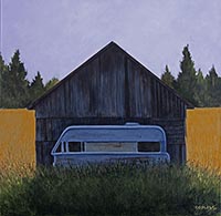 painting of an old winnebago sitting infront of the sahded side of an old barn with a foreground of green grass and a background of a golden wheat field with trees and blue skies