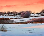 painting of a sunset over a farm in winter