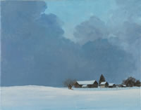 a painting of a farm in a snow covered scene with a large stormy sky