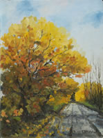 a painting of a dirt road in autumn