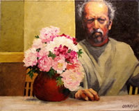 a self portrait; a man looking grumpy sitting at a table next to a vase of peonies