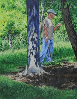 a painting of a man looking at a tree leaf