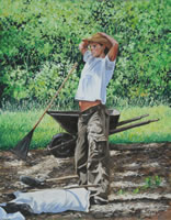 a painting of a man stretching next to a wheel barrow