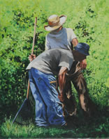 a painting of two men picking up gardening tools