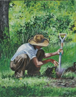 a painting of a man planting a tree seedling