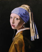painting of the girl with the pearl ear ring except that she is wearing an ipod