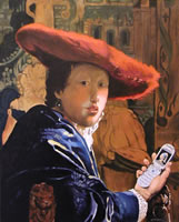 painting of a man wearing a red hat but he's holding a cell phone