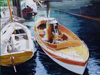 painting of wooden boats in a harbor