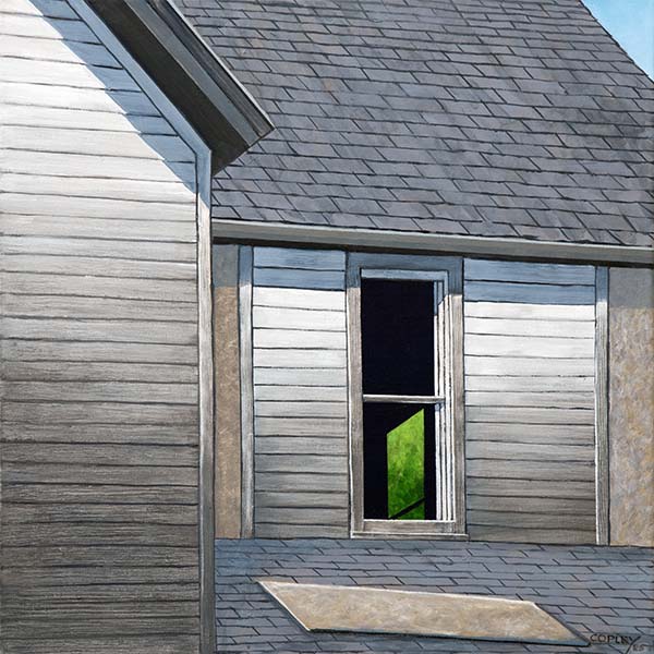 a painting of a second story window which is mostly black but one can see another open window within the room bewond showing green outside. The window is surrounded by a slanted roofabove and below and grey woodsiding